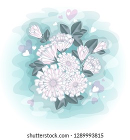 A luxurious bouquet of white flowers and buds on a delicate blue watercolor background with pink hearts.