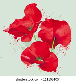 Luxurious bright red vector Poppy flowers drawing in watercolor style with blots and splashes  for floral decoration