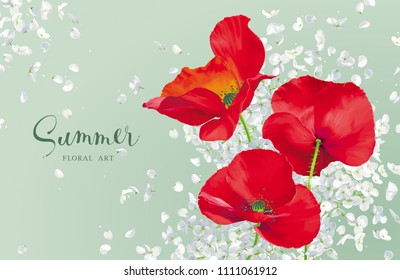 Luxurious bright red vector Poppy and white Hydrandea flowers drawing in watercolor style with flying petals  for floral decoration