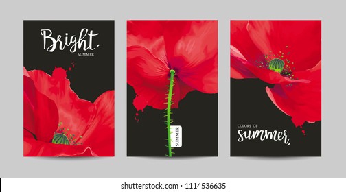 Luxurious bright red vector Poppy flowers paintings on black background with blots and splashes  for floral decoration. Template set for invitation and greeting cards, wedding, banners, sales