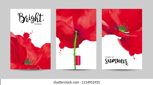 Luxurious bright red vector Poppy flowers paintings on white background with blots and splashes for floral decoration. Template set for invitation cards, wedding, banners, sales, brochure cover design