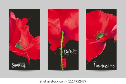 Luxurious bright red vector Poppy flowers paintings on black background with blots and splashes for floral decoration. Template set for invitation cards, wedding, banners, sales, brochure cover design