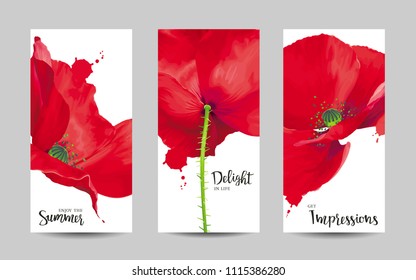 Luxurious bright red vector Poppy flowers paintings on white background with blots and splashes for floral decoration. Template set for invitation cards, wedding, banners, sales, brochure cover design