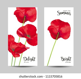 Luxurious bright red vector Poppy flowers paintings on white background with blots and splashes for floral decoration. Template set for invitation cards, wedding, banners, sales, brochure cover design