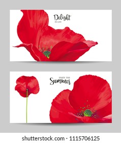 Luxurious bright red vector Poppy flowers paintings on white background with blots and splashes for floral decoration. Template set for invitation cards, wedding, banners, sales,