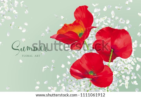 Luxurious bright red vector Poppy and white Hydrandea flowers drawing in watercolor style with flying petals  for floral decoration