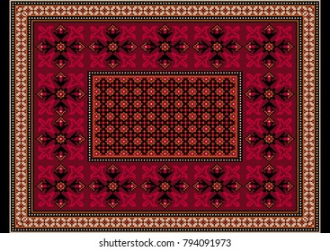 Luxurious burgundy carpet with ethnic ornaments with patterns of crimson flowers on the border and orange brown frame the edges