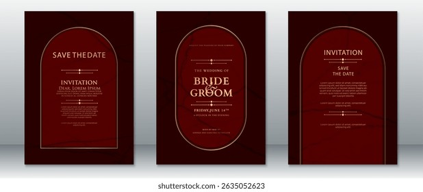 Luxurious burgundy wedding invitation card with elegant gold arched frame and marble texture. Ideal for formal events, save the date, and wedding announcements.
