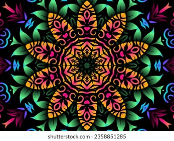 Luxurious caleidoscope colourful flowers batik line art pattern of indonesian culture traditional tenun batik ethnic dayak borneo 
