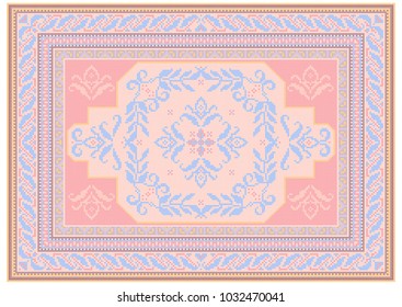 Luxurious carpet design with ethnic ornament of pink and bluish shades and a floral bluish pattern in the center
