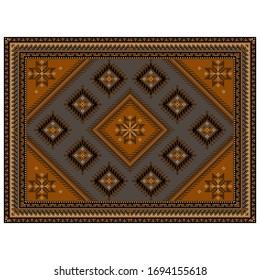 Luxurious carpet with ethnic ornaments in bright brown and dark gray colors with black and brown zigzag patterns on  white background
