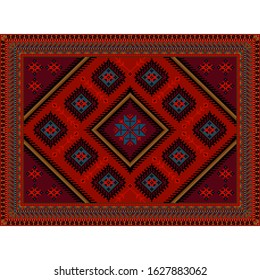 Luxurious carpet with ethnic ornaments in red and Burgundy shades and blue patterns and black zigzags on a white background
