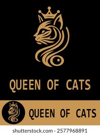 A luxurious cat-themed logo featuring a regal feline with a crown in golden tones