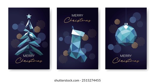 Luxurious Christmas card template in blue and gold colors. Christmas tree, Christmas stocking and Christmas ball in abstract modern geometric flat style. 