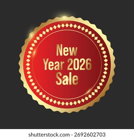 Luxuriöses Rundschild mit rotem Zentrum und goldenem Rand, das einen Neujahrsverkauf 2026 ankündigt. Ideal für Werbebanner, Poster, E-Mail-Kampagnen und Werbung in sozialen Medien.