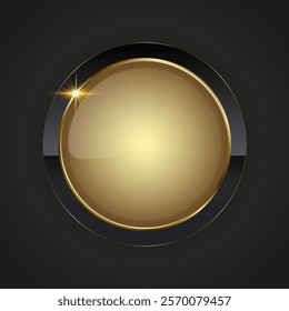 a luxurious circular button design featuring a golden center with a reflective sheen. The button is outlined by a sleek gold border, complemented by a black background