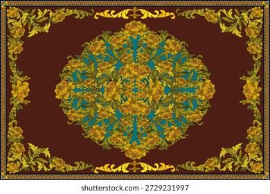 Un lujoso diseño de alfombra clásica con motivos florales dorados simétricos dispuestos en un medallón circular en el centro. El fondo rojo intenso realza la riqueza y la elegancia de la composición, mientras que los bordes circundantes están decorados con adornados patrones de vid y motivos de cadena en tonos verdes y dorados. El diseño general refleja el arte decorativo vintage y clásico, lo que lo hace ideal para alfombras, textiles, Fondos de pantalla, decoración de interiores y fondos ornamentales de primera calidad.