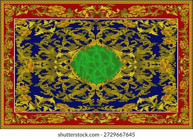 Un lujoso diseño de alfombra clásica con adornos florales y de hojas doradas simétricas sobre un fondo azul profundo. El centro muestra un medallón verde ovalado que se asemeja a una piedra preciosa o jade, creando profundidad y elegancia. La composición está enmarcada por bordes rojos y dorados ornamentados con intrincados motivos florales y de vid. El estilo general refleja el arte decorativo vintage y barroco, por lo que es adecuado para alfombras, textiles, Fondos de pantalla, fondos y diseño de interiores premium.