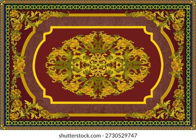 Un lujoso diseño de alfombra clásica con adornos florales y de hojas doradas simétricas sobre un fondo azul profundo. El centro muestra un medallón verde ovalado que se asemeja a una piedra preciosa o jade, creando profundidad y elegancia. La composición está enmarcada por bordes rojos y dorados ornamentados con intrincados motivos florales y de vid. El estilo general refleja el arte decorativo vintage y barroco, por lo que es adecuado para alfombras, textiles, Fondos de pantalla, fondos y diseño de interiores premium.