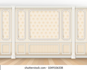 Luxurious classic interior in classical style with moldings and pilasters. Wallpaper on the walls in the damask pattern. Interior background. Vector realistic illustration.