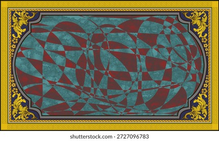 Lujoso marco ornamental clásico con intrincadas y simétricas decoraciones doradas. El diseño incluye bordes en capas, un fondo verde azulado y una rica zona central roja, creando una atmósfera elegante, formal y premium