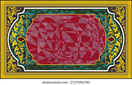 Lujoso marco ornamental clásico con intrincadas y simétricas decoraciones doradas. El diseño incluye bordes en capas, un fondo verde azulado y una rica zona central roja, creando una atmósfera elegante, formal y premium