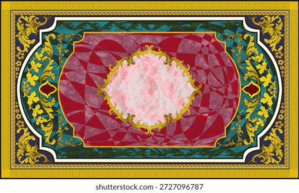 Lujoso marco ornamental clásico con intrincadas y simétricas decoraciones doradas. El diseño incluye bordes en capas, un fondo verde azulado y una rica zona central roja, creando una atmósfera elegante, formal y premium