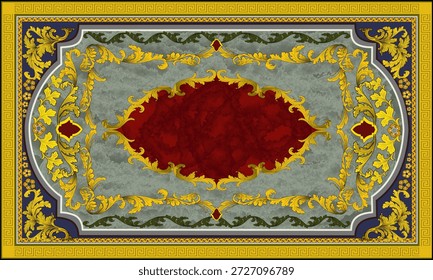 Lujoso marco ornamental clásico con intrincadas y simétricas decoraciones doradas. El diseño incluye bordes en capas, un fondo verde azulado y una rica zona central roja, creando una atmósfera elegante, formal y premium