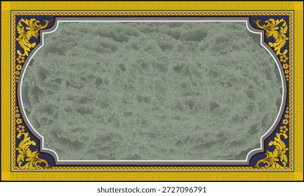 Lujoso marco ornamental clásico con intrincadas y simétricas decoraciones doradas. El diseño incluye bordes en capas, un fondo verde azulado y una rica zona central roja, creando una atmósfera elegante, formal y premium