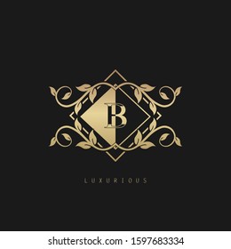 Luxurious Classic Vintage Letter B logo. Vector logo design concept classic vintage geometrical polygon with nature leaves frame soft gold color.