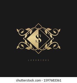 Luxurious Classic Vintage Letter S logo. Vector logo design concept classic vintage geometrical polygon with nature leaves frame soft gold color.