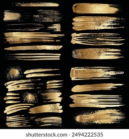 A luxurious collection of gold brush stroke illustrations set against a black background. This set features a variety of bold, glittering brush strokes, splashes, and textures, perfect for adding 