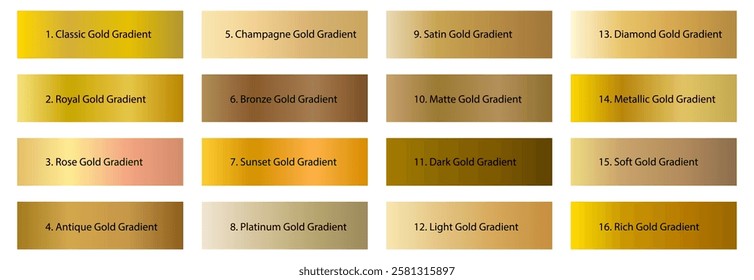 A luxurious collection of golden gradients with smooth metallic textures. Elegant gold shades, perfect for backgrounds, branding, web design, luxury prints, and digital art. Vector EPS10 illustration.