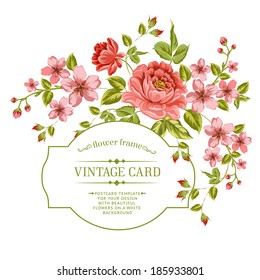 Luxurious color peony background with a vintage label. Vector illustration.