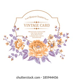 Luxurious color peony background with a vintage label. Vector illustration.