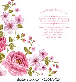 Luxurious color peony background with a vintage label. Vector illistration.