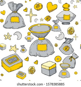 Luxurious color seamless pattern. Gold and silver. Gifts, boxes, bags and bottle. Moon and stars, heart and roses.