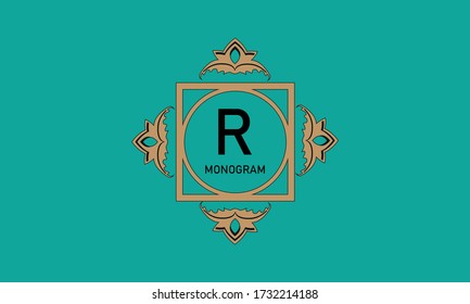 Marco lujoso de color con la letra R. Emblema elegante 