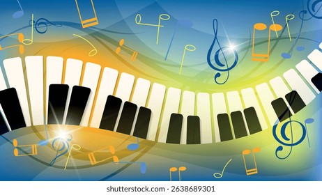 Luxurious colorful art wallpaper on a musical theme. Flashes of light, keys, treble clefs, notes on the background of overlapping abstract shapes and mixing colors. Vector.