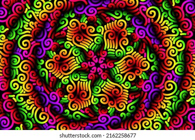 lujoso y colorido círculo circular línea de arte patrón de la cultura indonesia tradicional tenun batik étnico dayak adorno para anuncios de papel pintado fondo 