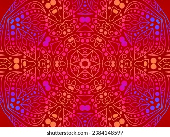 Luxurious colourful gradient mix pattern of modern Chinese oriental Java traditional classic borneo flowers circle art