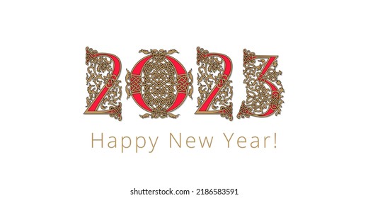 Luxurious congratulations on the New Year 2023 in the early Christian style on a white background.