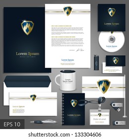 Luxurious corporate identity template with fire element and shield. Vector company style for brandbook and guideline. EPS 10