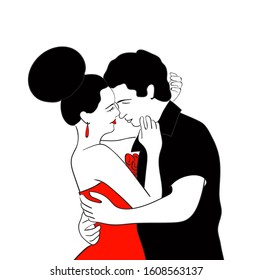 Luxurious couple Kiss. Beautiful girl in red dress and handsom man. Sketch vector illustration. Romantic love. 