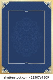 Plantilla de fondo azul y oro. Textura decorativa geométrica abstracta. Esquinas doradas de estilo chino. Plantilla de diseño de línea tradicional de primera calidad. El fondo vectorial se puede usar para tarjetas festivas, portada