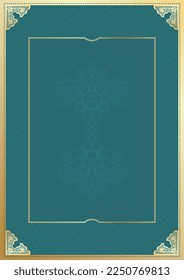 Plantilla de fondo de oro y teal noble. Resumen de textura decorativa de línea continua. Esquinas doradas de estilo chino. Plantilla de diseño de línea tradicional de primera calidad. La plantilla se puede usar para tarjetas festivas, co