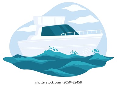 Lujoso crucero o yate, barco para transportar personas, viaje de verano y relajación a orillas del mar. Buque con cubierta para caminar y descansar por la brisa marina o marina.Vector de estilo plano