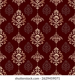 Luxuoso padrão floral de damasco sem costura em tons beges e escuros em um fundo borgonha rico. Perfeito para papel de parede interior, tecidos, projetos clássicos e embalagem de luxo.