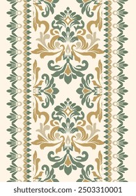 A luxurious damask ikat pattern in green and gold tones, showcasing intricate floral motifs, ideal for classic textile designs and wallpapers.