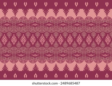 The luxurious damask pattern in mole red color features seamless design with intricate details. on pink backgoung, for various applications including wallpapers, fabrics, and digital art.